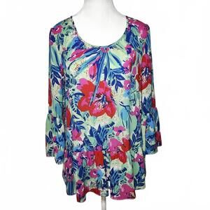 Pappagallo Womens Size S Floral Print Blouse Green Pink Blue